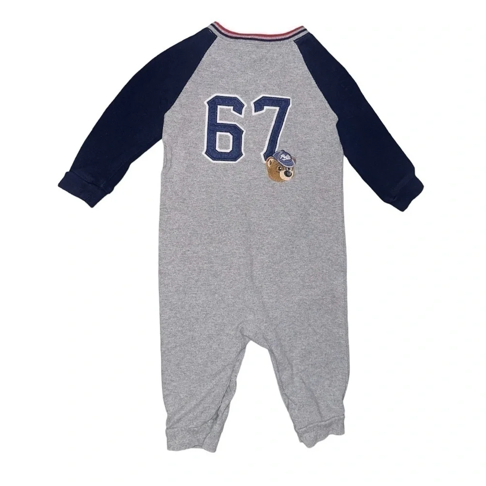 Ralph Lauren Polo Logo Embroidered Bear Baseball Long Sleeve Cotton Onesie Sz 9M